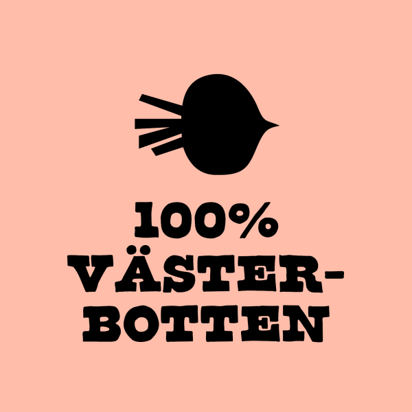 Illustration med en siluett av en rotsak samt texten 100% Västerbotten.