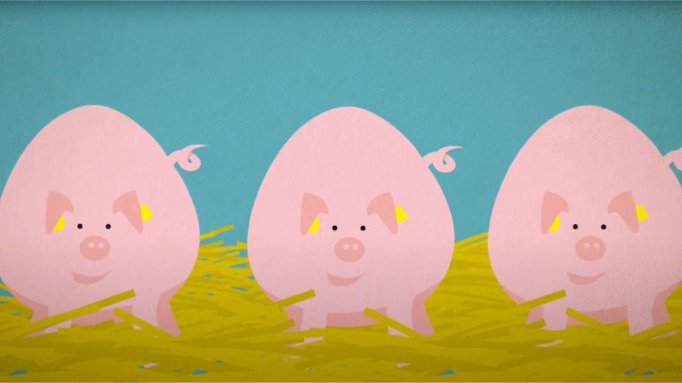Skärm-avbild från filmen "Friska djur" som visar en illustration med tre glada grisar.